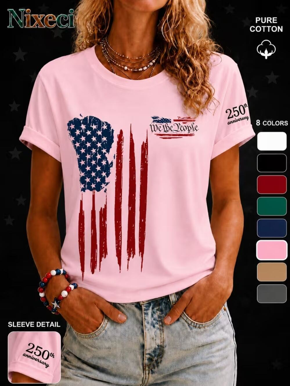 Pink USA America T-Shirt 250th Birthday US Flag Crew Casual We The People